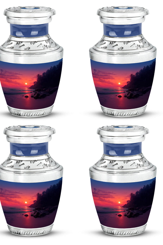Vintage Pink Beach Cremation Urn back view with polished surface - artistic beach interpretation with creative detail - 10 inch aluminum urn for cremated remains