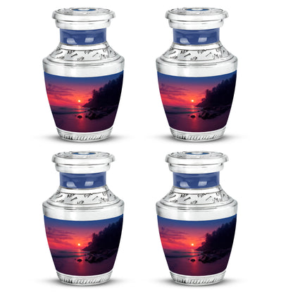 Vintage Pink Beach Cremation Urn back view with polished surface - artistic beach interpretation with creative detail - 10 inch aluminum urn for cremated remains