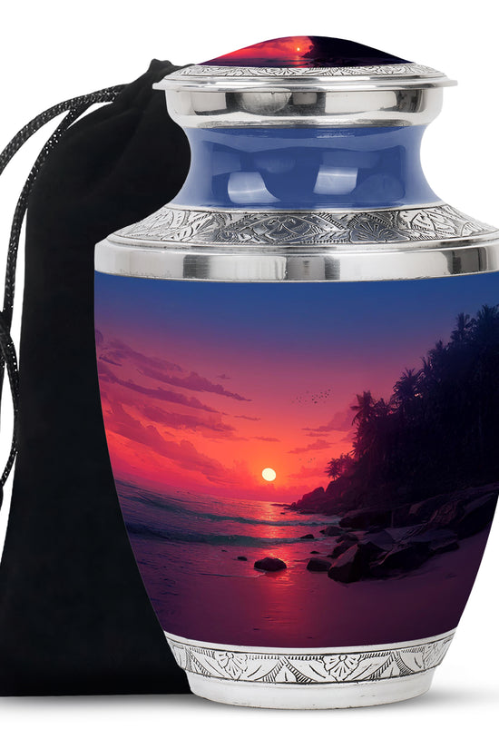 Blush Pink Beach Cremation Urn side profile showing urn shape - modern art-inspired beach motif on sleek aluminum - full-size 10 inch 200 cubic inch adult cremation urn