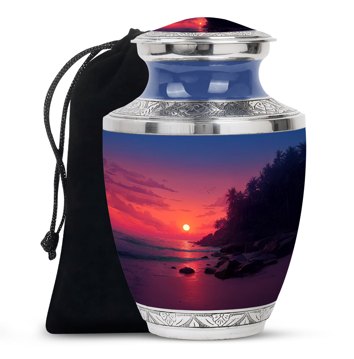 Blush Pink Beach Cremation Urn side profile showing urn shape - modern art-inspired beach motif on sleek aluminum - full-size 10 inch 200 cubic inch adult cremation urn