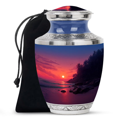 Blush Pink Beach Cremation Urn side profile showing urn shape - modern art-inspired beach motif on sleek aluminum - full-size 10 inch 200 cubic inch adult cremation urn