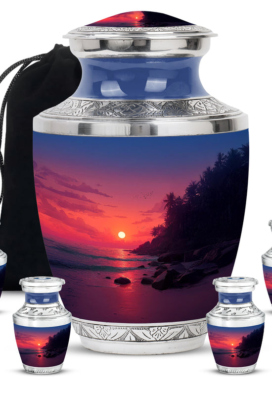 Soft Pink Beach Cremation Urn lifestyle display on memorial shelf - artistic beach interpretation with creative detail - memorial set with one large and four small urns