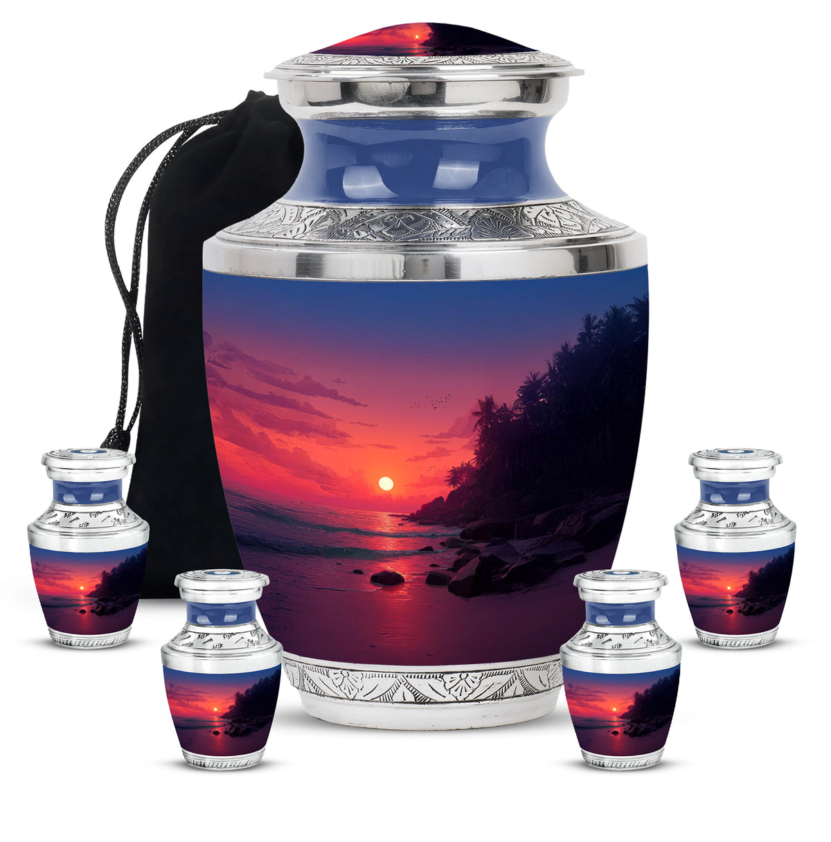 Soft Pink Beach Cremation Urn lifestyle display on memorial shelf - artistic beach interpretation with creative detail - memorial set with one large and four small urns