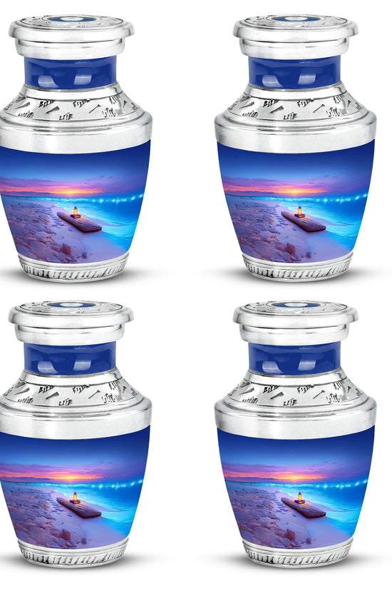 Sapphire Blue Beach Cremation Urn back view with polished surface - stylized abstract beach pattern with bold lines - 10 inch aluminum urn for cremated remains