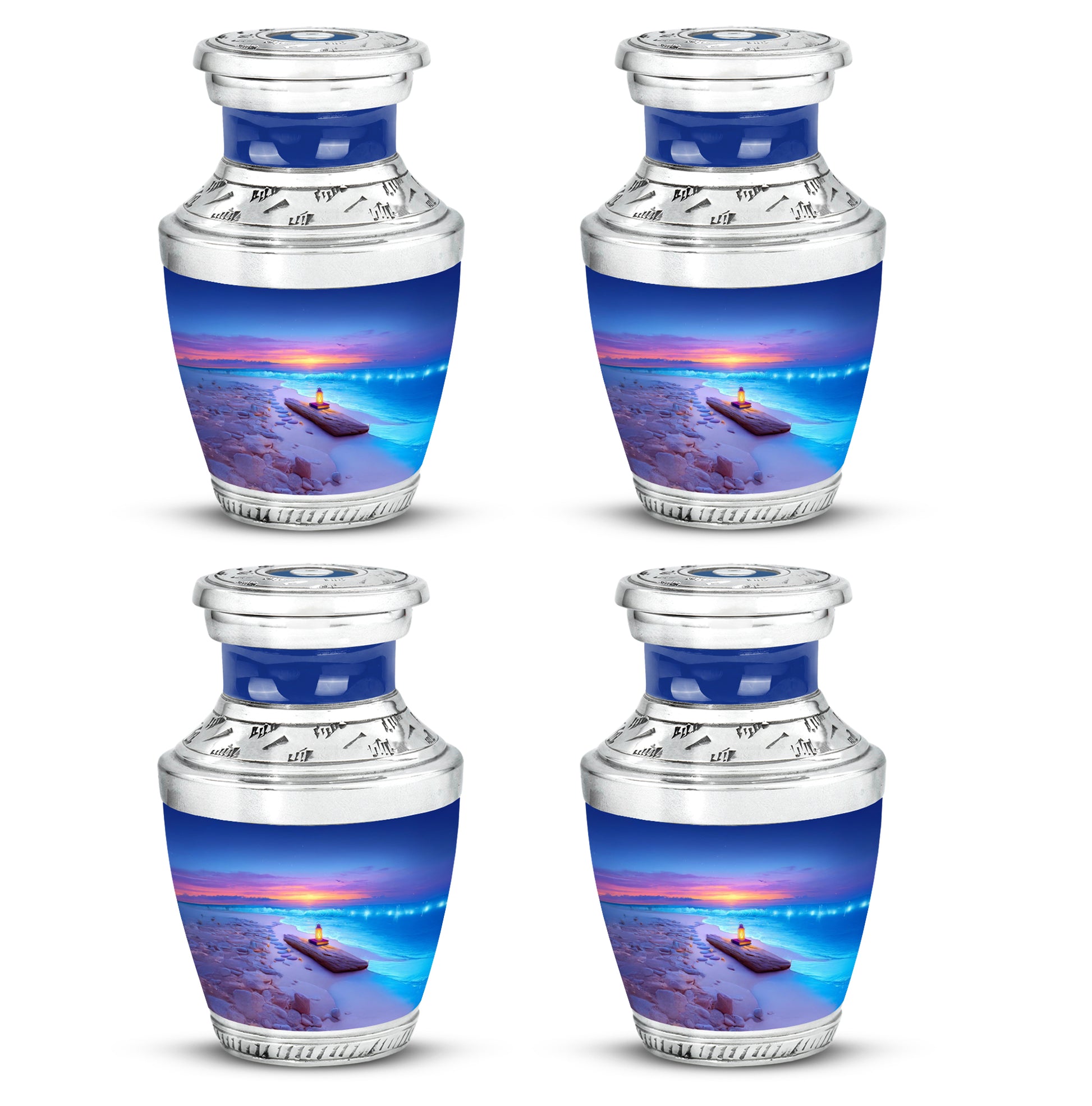 Sapphire Blue Beach Cremation Urn back view with polished surface - stylized abstract beach pattern with bold lines - 10 inch aluminum urn for cremated remains