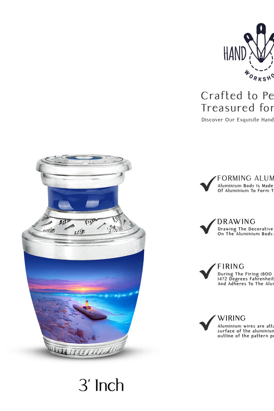 Powder Blue Beach Cremation Urn top-down view of secure threaded lid - modern art-inspired beach motif on sleek aluminum - mini keepsake memorial for portion of cremation ashes