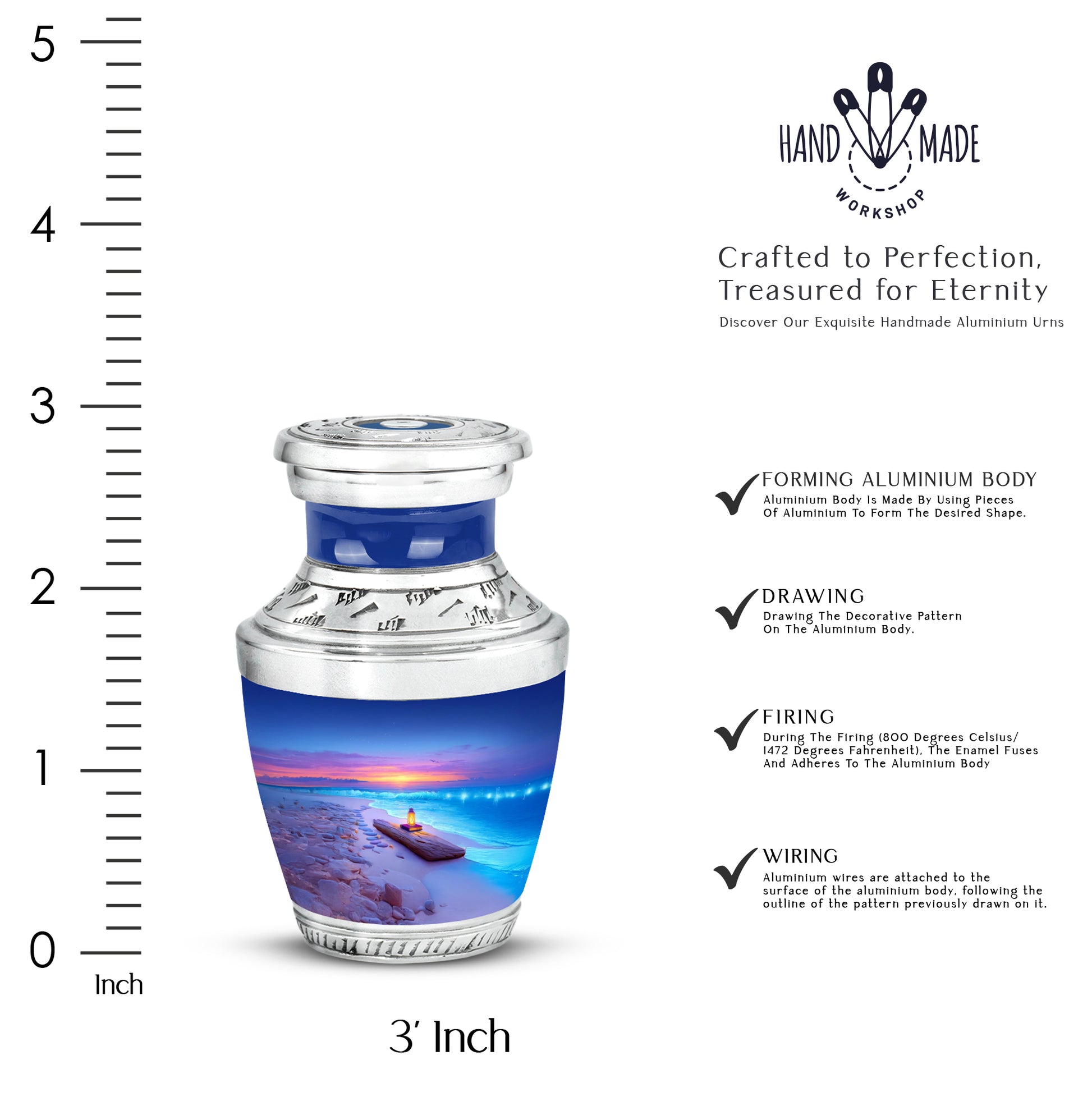 Powder Blue Beach Cremation Urn top-down view of secure threaded lid - modern art-inspired beach motif on sleek aluminum - mini keepsake memorial for portion of cremation ashes