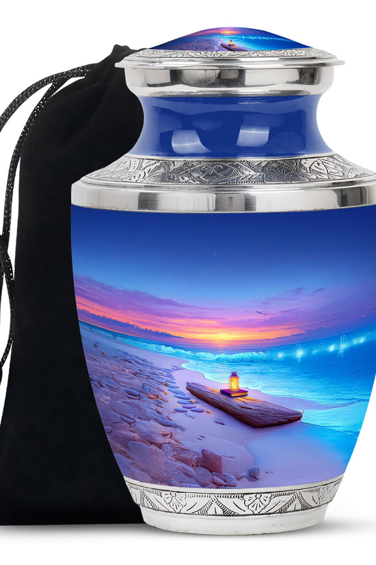 Navy Blue Beach Cremation Urn side profile showing urn shape - contemporary beach design with modern artistic flair - full-size 10 inch 200 cubic inch adult cremation urn