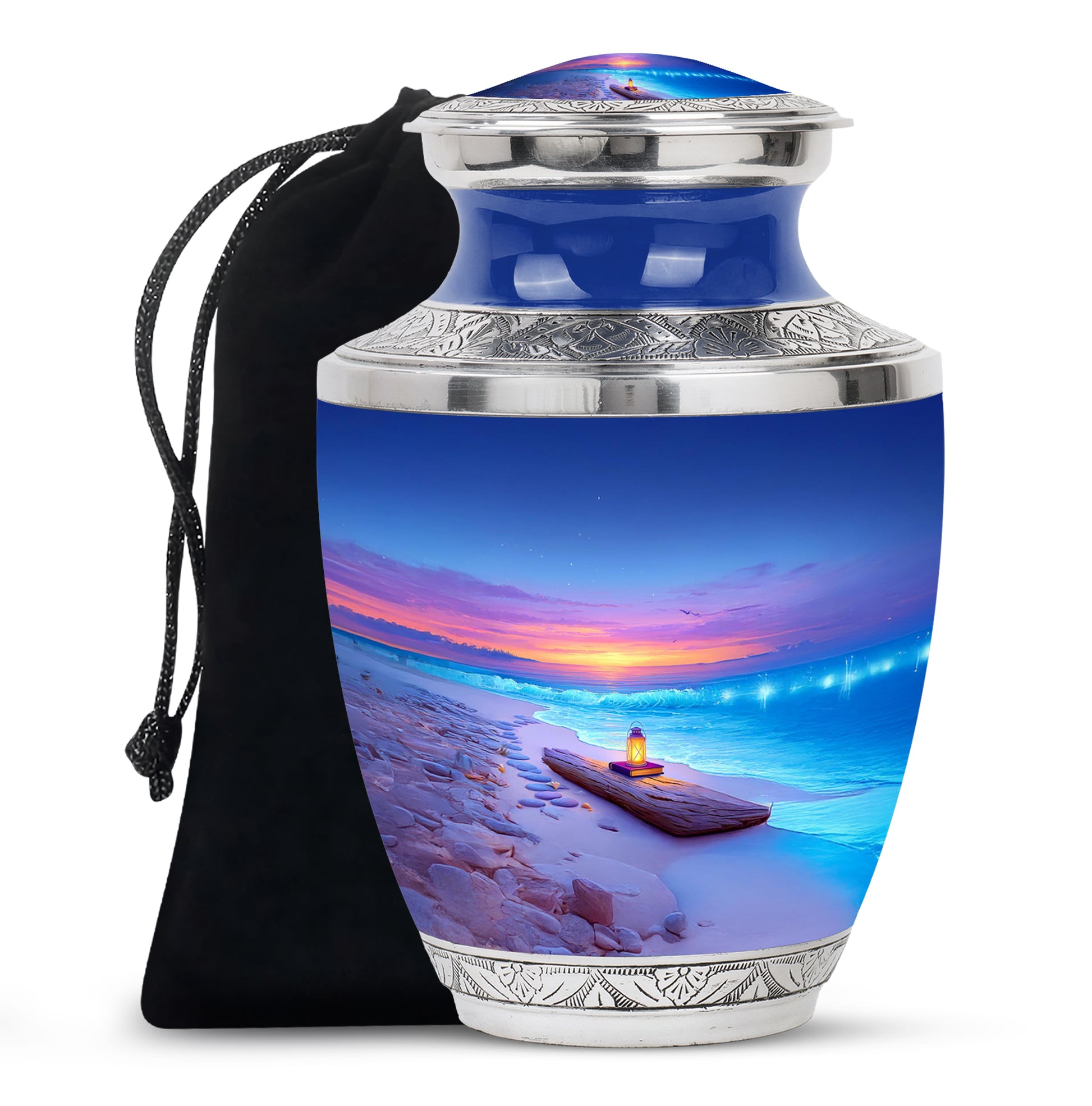 Navy Blue Beach Cremation Urn side profile showing urn shape - contemporary beach design with modern artistic flair - full-size 10 inch 200 cubic inch adult cremation urn