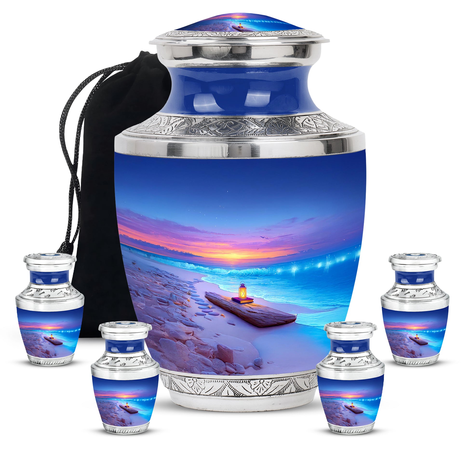 Royal Blue Beach Cremation Urn lifestyle display on memorial shelf - stylized abstract beach pattern with bold lines - memorial set with one large and four small urns