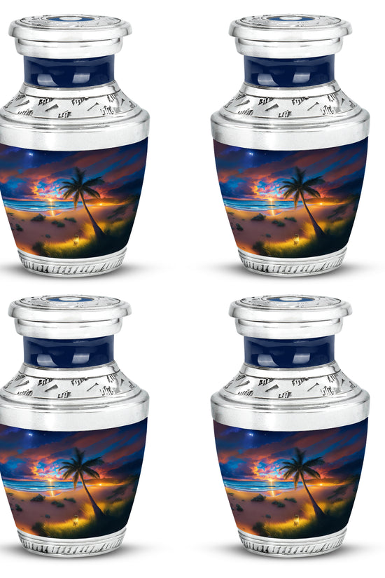 Icy Blue Beach Cremation Urn back view with polished surface - modern art-inspired beach motif on sleek aluminum - 10 inch aluminum urn for cremated remains