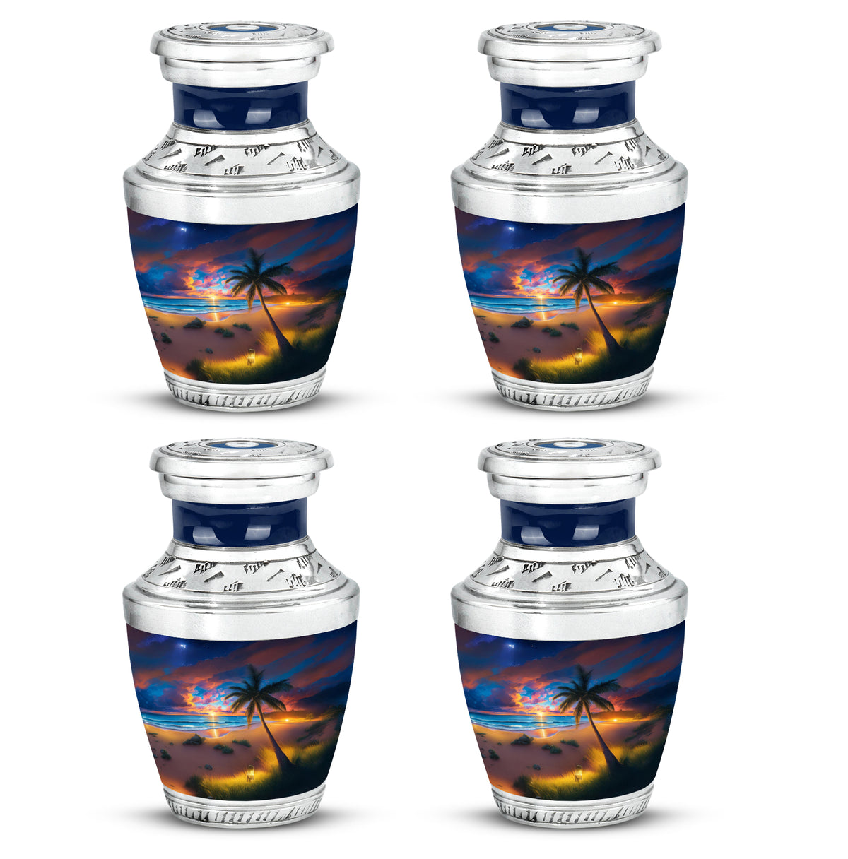 Icy Blue Beach Cremation Urn back view with polished surface - modern art-inspired beach motif on sleek aluminum - 10 inch aluminum urn for cremated remains