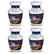 Icy Blue Beach Cremation Urn back view with polished surface - modern art-inspired beach motif on sleek aluminum - 10 inch aluminum urn for cremated remains