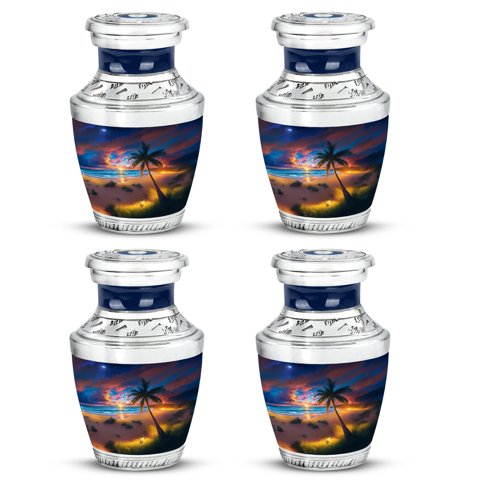Icy Blue Beach Cremation Urn back view with polished surface - modern art-inspired beach motif on sleek aluminum - 10 inch aluminum urn for cremated remains