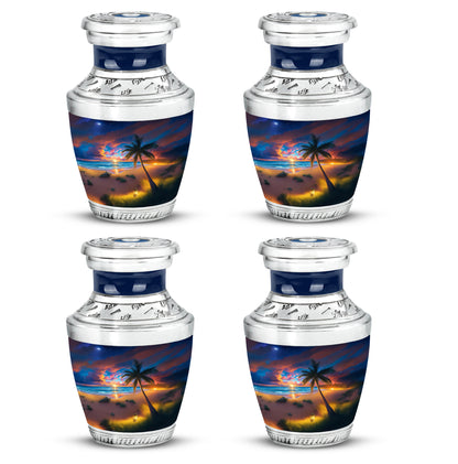 Icy Blue Beach Cremation Urn back view with polished surface - modern art-inspired beach motif on sleek aluminum - 10 inch aluminum urn for cremated remains