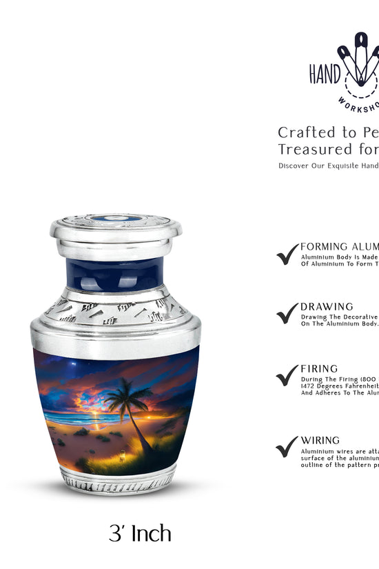 Slate Blue Beach Cremation Urn top-down view of secure threaded lid - modern art-inspired beach motif on sleek aluminum - mini keepsake memorial for portion of cremation ashes