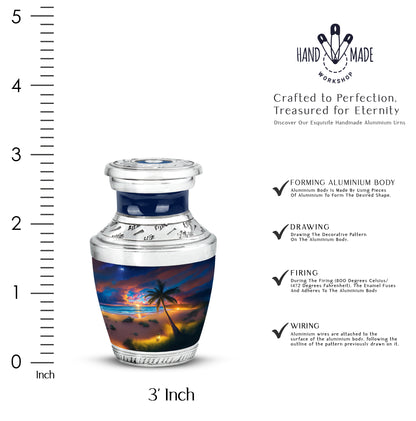 Slate Blue Beach Cremation Urn top-down view of secure threaded lid - modern art-inspired beach motif on sleek aluminum - mini keepsake memorial for portion of cremation ashes