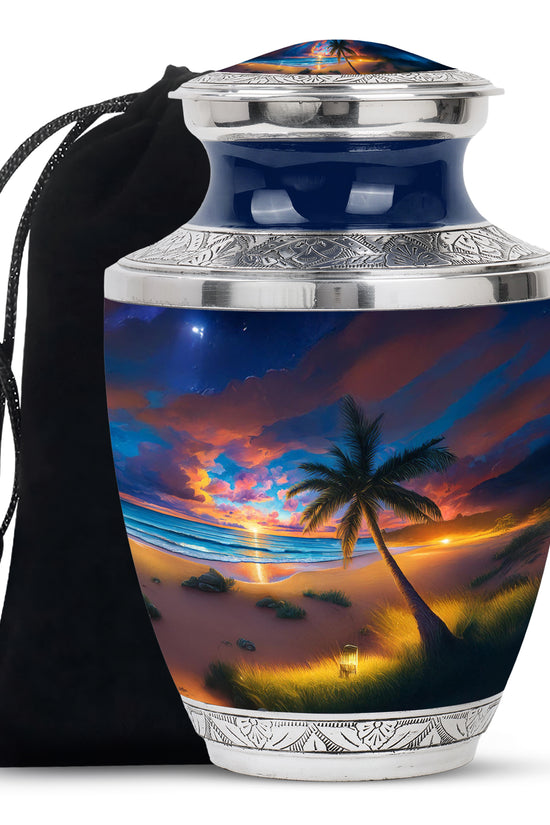 Powder Blue Beach Cremation Urn side profile showing urn shape - contemporary beach design with modern artistic flair - full-size 10 inch 200 cubic inch adult cremation urn