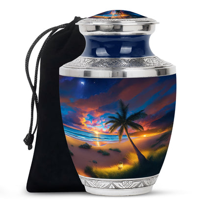 Powder Blue Beach Cremation Urn side profile showing urn shape - contemporary beach design with modern artistic flair - full-size 10 inch 200 cubic inch adult cremation urn