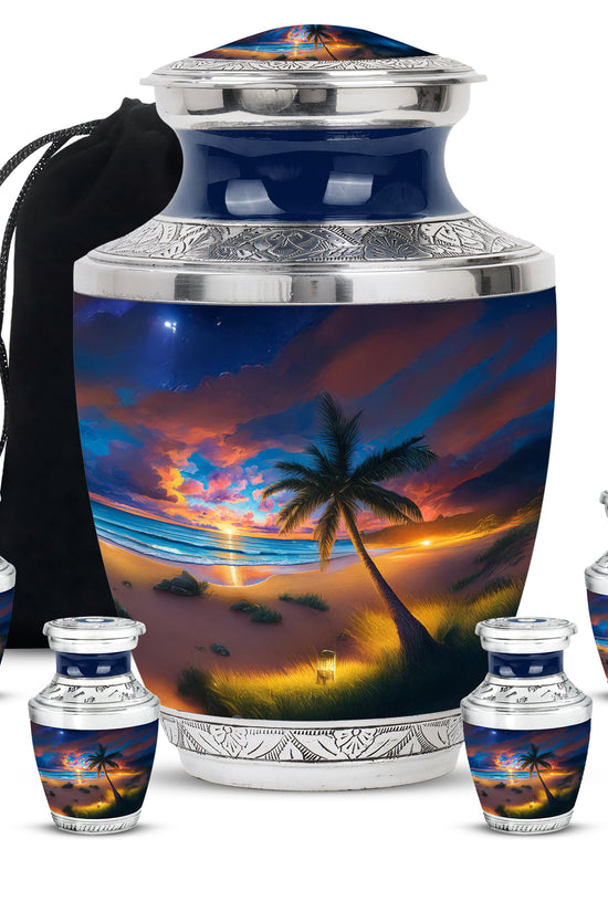 Navy Blue Beach Cremation Urn lifestyle display on memorial shelf - modern art-inspired beach motif on sleek aluminum - memorial set with one large and four small urns