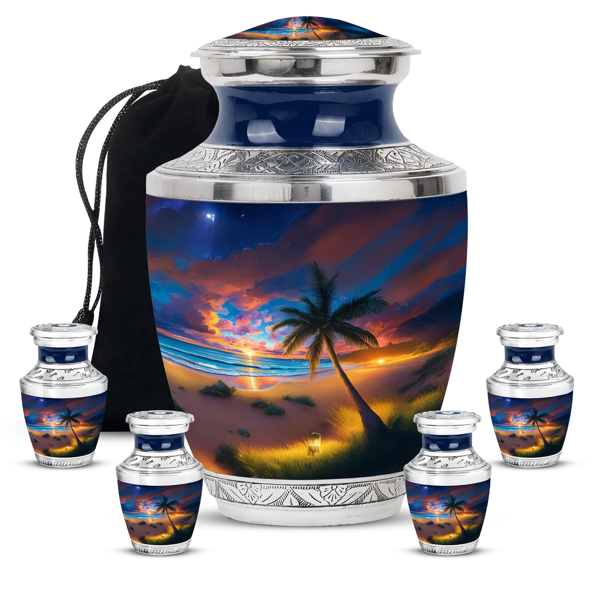 Navy Blue Beach Cremation Urn lifestyle display on memorial shelf - modern art-inspired beach motif on sleek aluminum - memorial set with one large and four small urns
