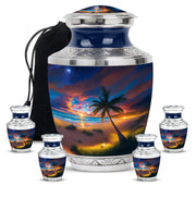 Navy Blue Beach Cremation Urn lifestyle display on memorial shelf - modern art-inspired beach motif on sleek aluminum - memorial set with one large and four small urns
