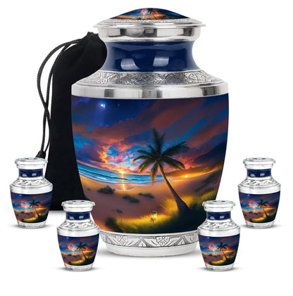 Navy Blue Beach Cremation Urn lifestyle display on memorial shelf - modern art-inspired beach motif on sleek aluminum - memorial set with one large and four small urns