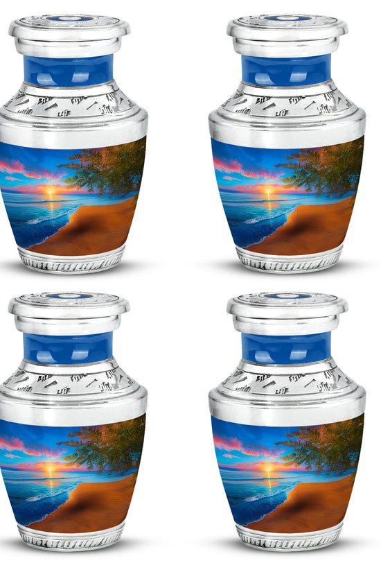 Steel Blue Beach Cremation Urn back view with polished surface - artistic beach interpretation with creative detail - 10 inch aluminum urn for cremated remains