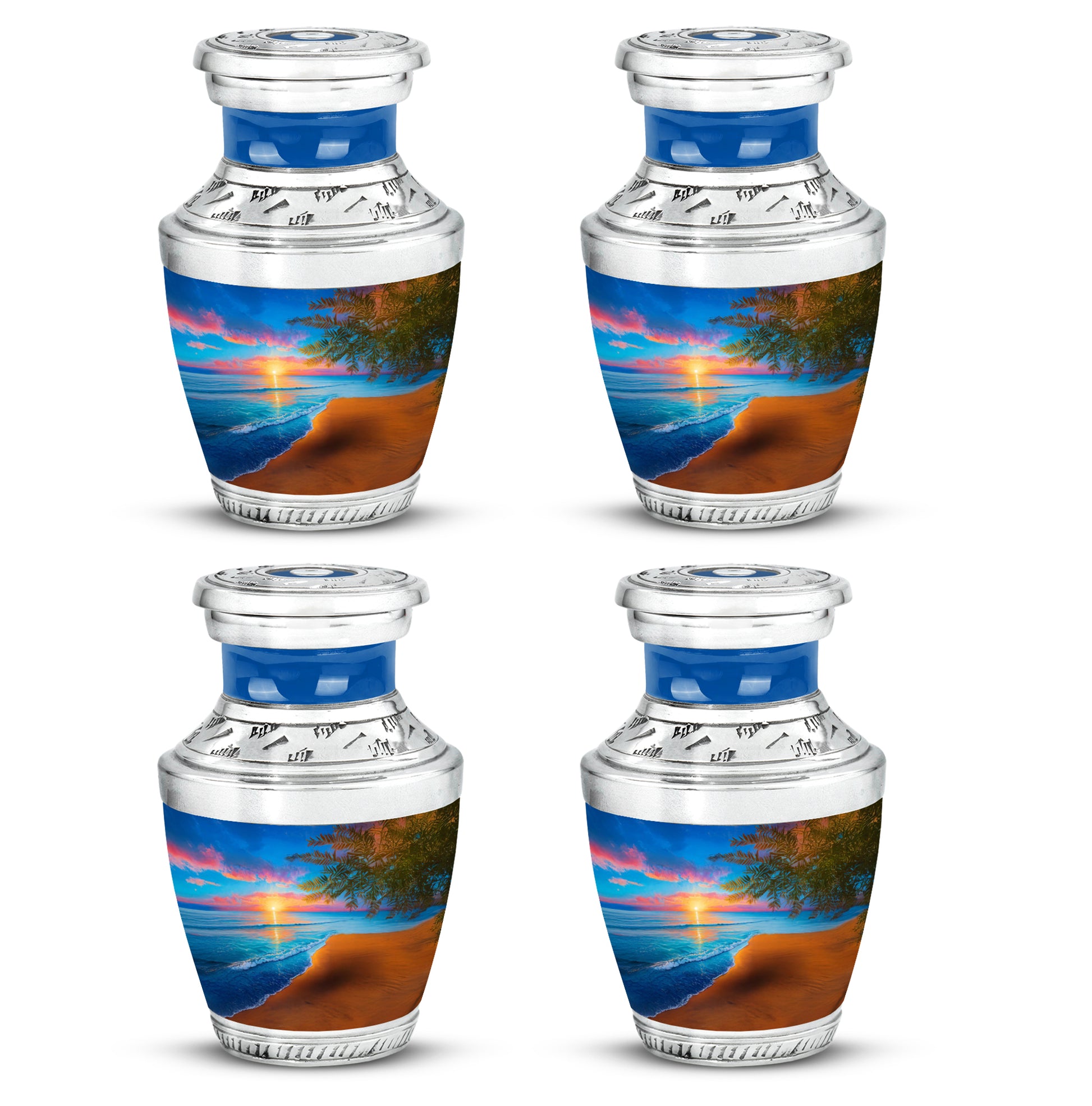 Steel Blue Beach Cremation Urn back view with polished surface - artistic beach interpretation with creative detail - 10 inch aluminum urn for cremated remains