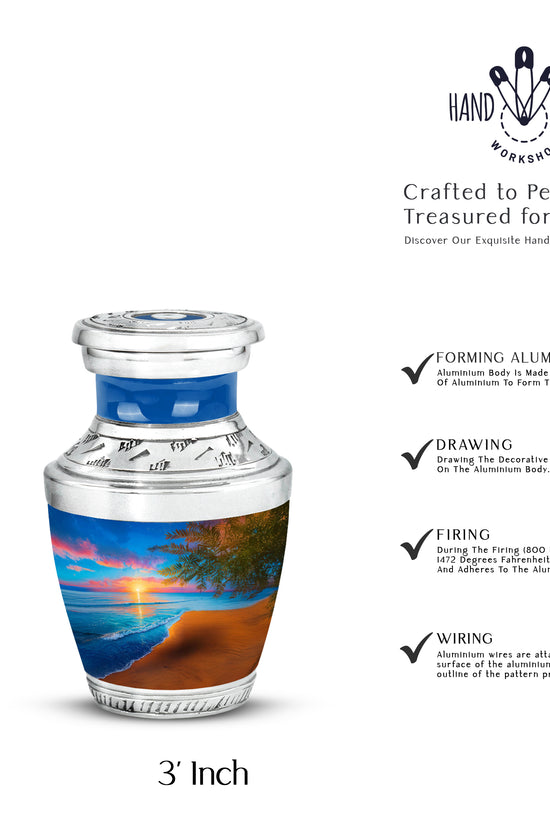 Celestial Blue Beach Cremation Urn top-down view of secure threaded lid - contemporary beach design with modern artistic flair - mini keepsake memorial for portion of cremation ashes