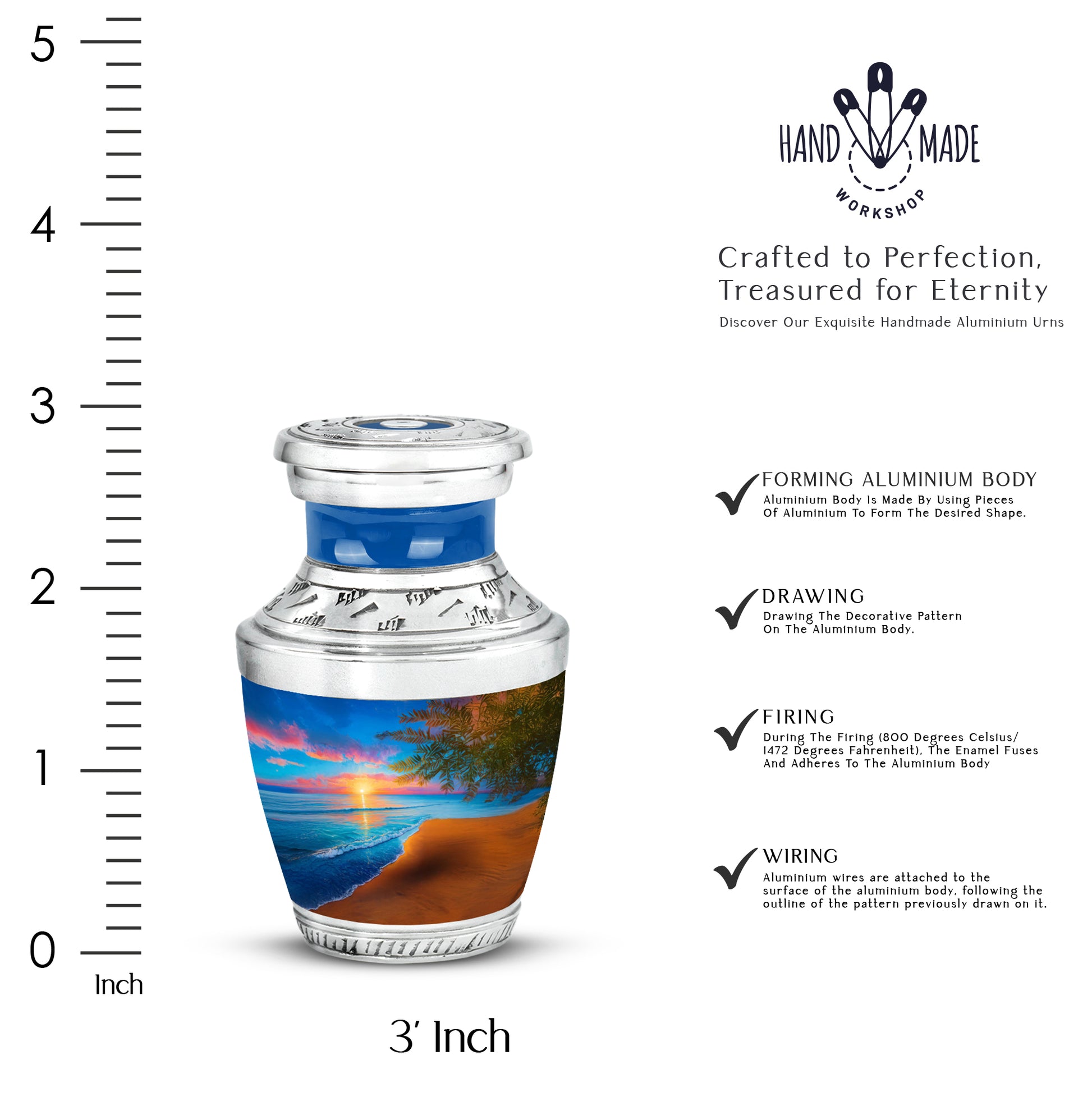 Celestial Blue Beach Cremation Urn top-down view of secure threaded lid - contemporary beach design with modern artistic flair - mini keepsake memorial for portion of cremation ashes