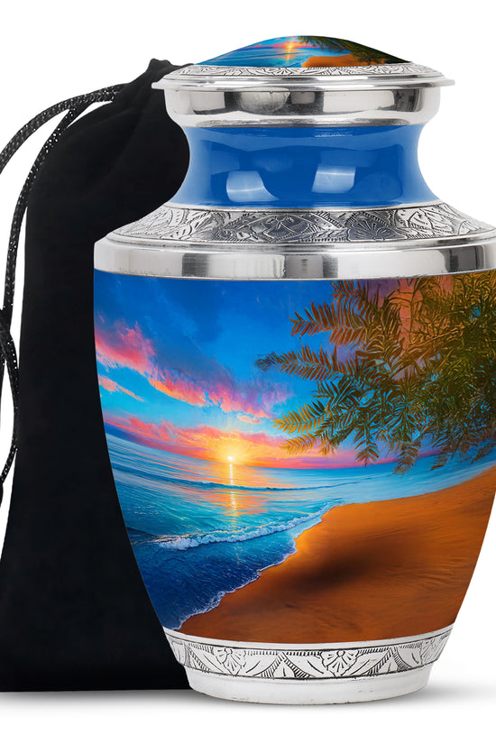 Calming Blue Beach Cremation Urn side profile showing urn shape - stylized abstract beach pattern with bold lines - full-size 10 inch 200 cubic inch adult cremation urn