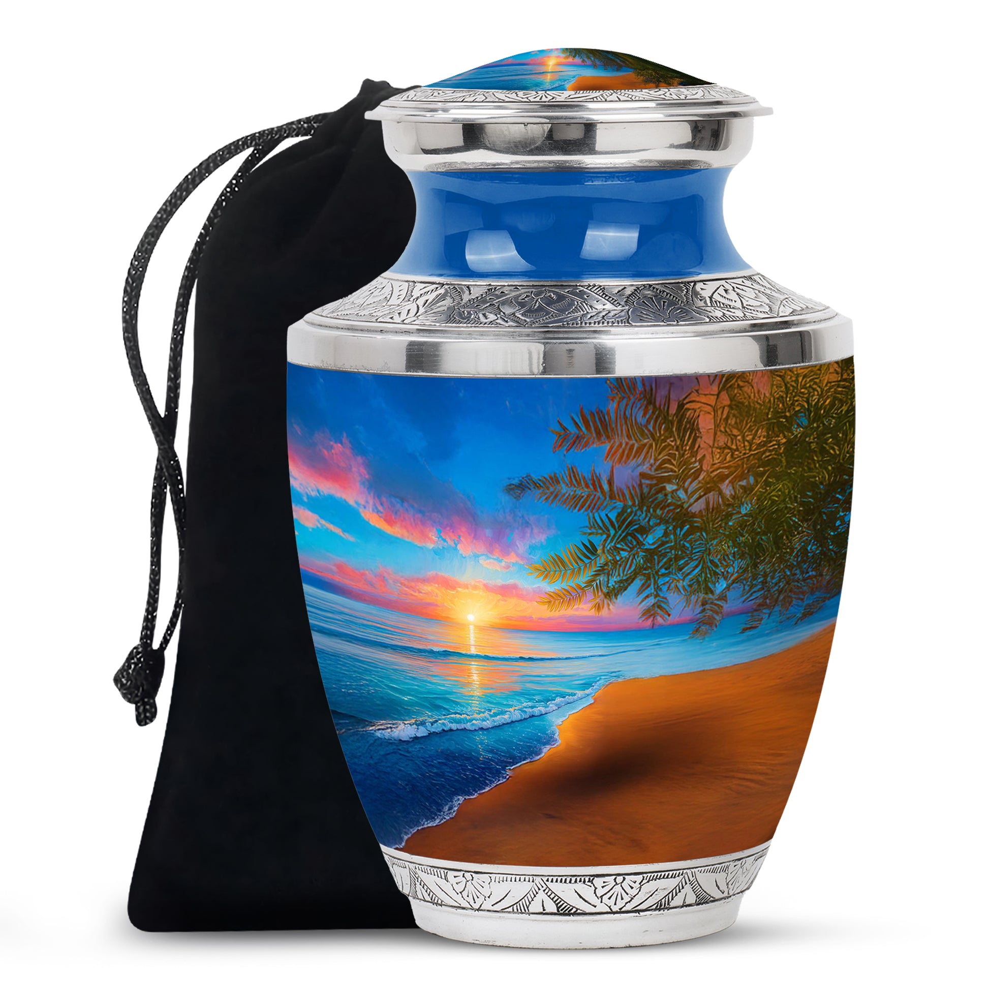 Calming Blue Beach Cremation Urn side profile showing urn shape - stylized abstract beach pattern with bold lines - full-size 10 inch 200 cubic inch adult cremation urn