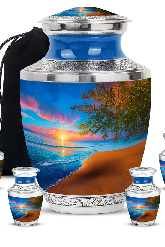 Royal Blue Beach Cremation Urn lifestyle display on memorial shelf - artistic beach interpretation with creative detail - memorial set with one large and four small urns