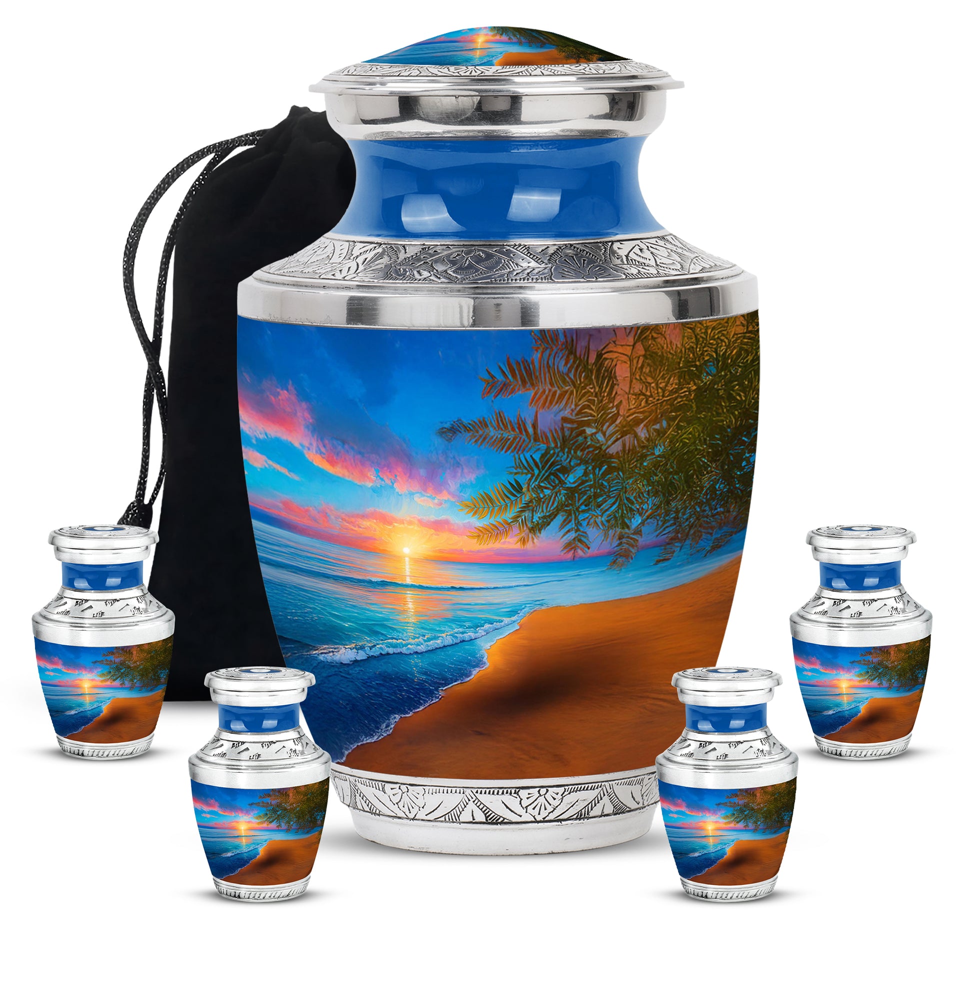 Royal Blue Beach Cremation Urn lifestyle display on memorial shelf - artistic beach interpretation with creative detail - memorial set with one large and four small urns