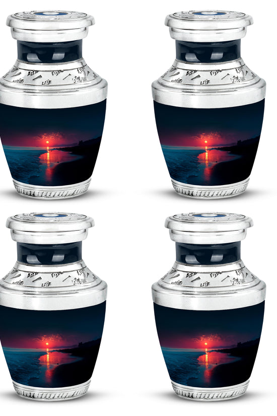 Indigo Beach Cremation Urn back view with polished surface - contemporary beach design with modern artistic flair - 10 inch aluminum urn for cremated remains