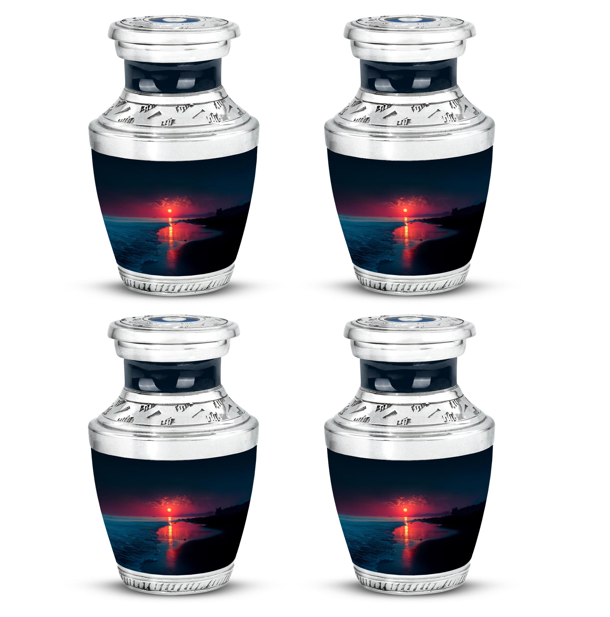 Indigo Beach Cremation Urn back view with polished surface - contemporary beach design with modern artistic flair - 10 inch aluminum urn for cremated remains