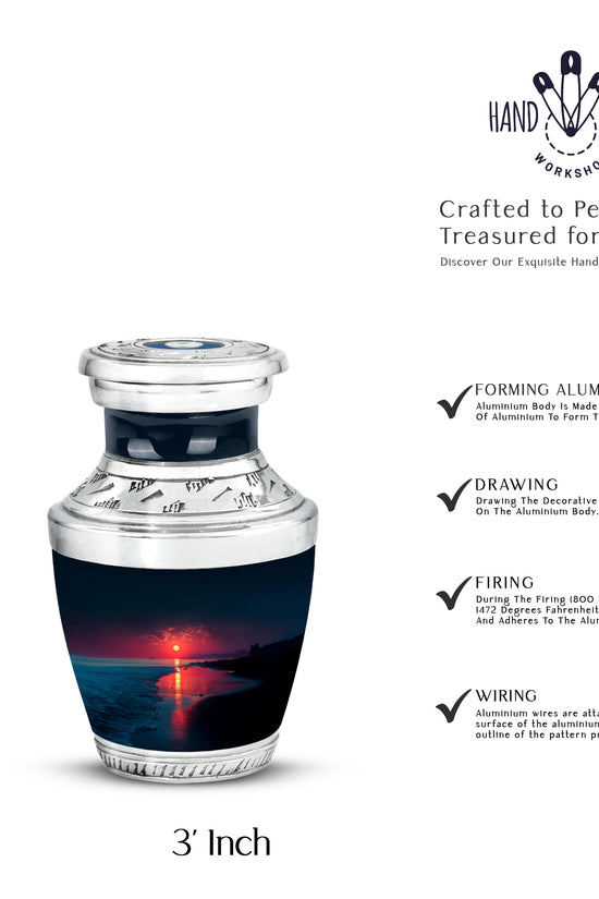 Powder Blue Beach Cremation Urn top-down view of secure threaded lid - contemporary beach design with modern artistic flair - mini keepsake memorial for portion of cremation ashes