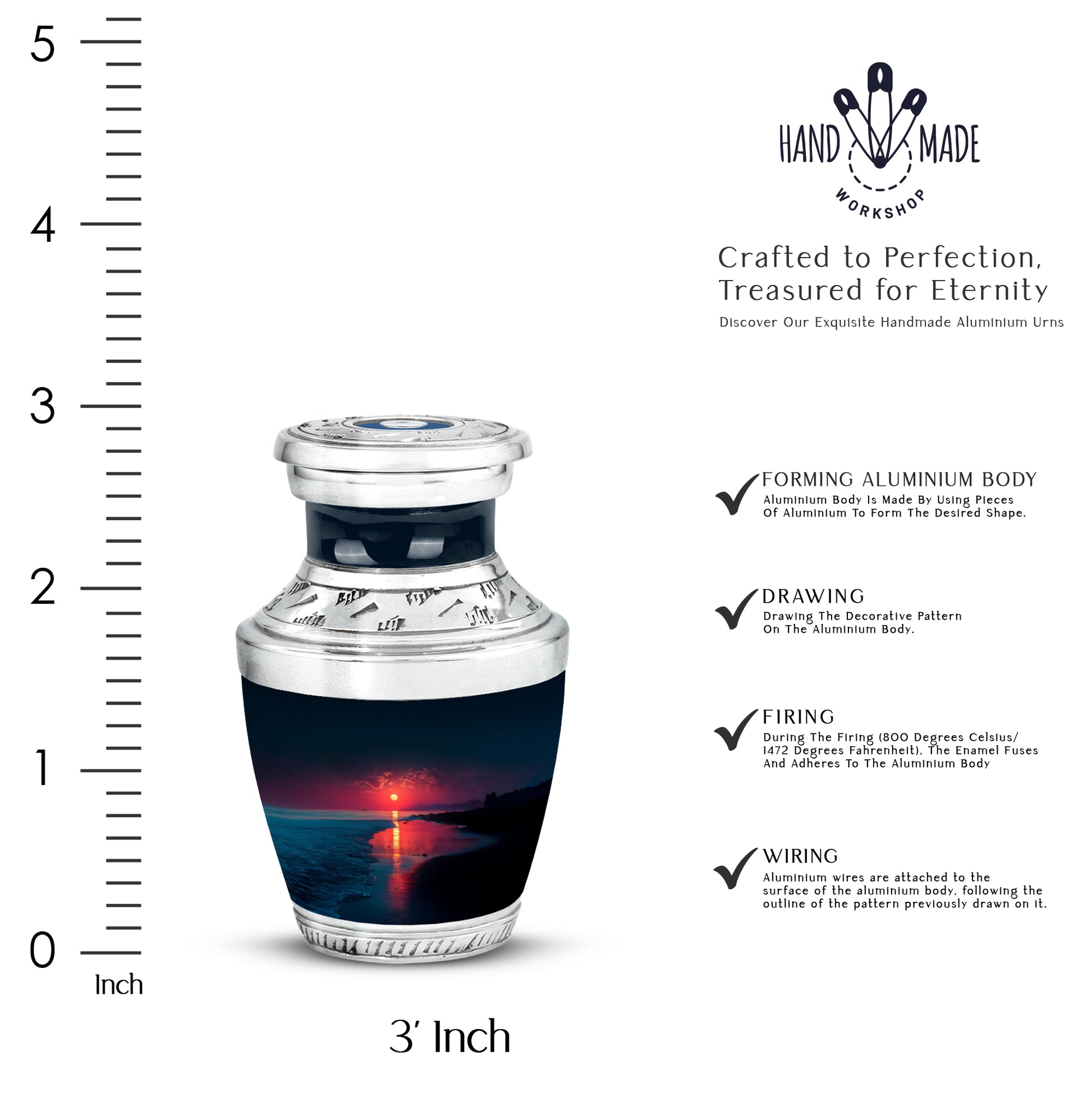 Powder Blue Beach Cremation Urn top-down view of secure threaded lid - contemporary beach design with modern artistic flair - mini keepsake memorial for portion of cremation ashes