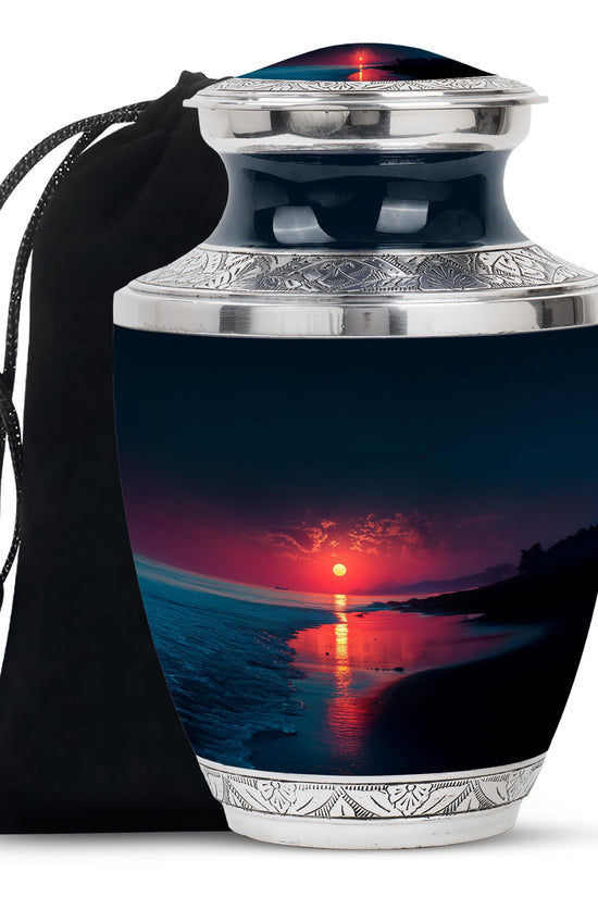 Misty Blue Beach Cremation Urn side profile showing urn shape - modern art-inspired beach motif on sleek aluminum - full-size 10 inch 200 cubic inch adult cremation urn