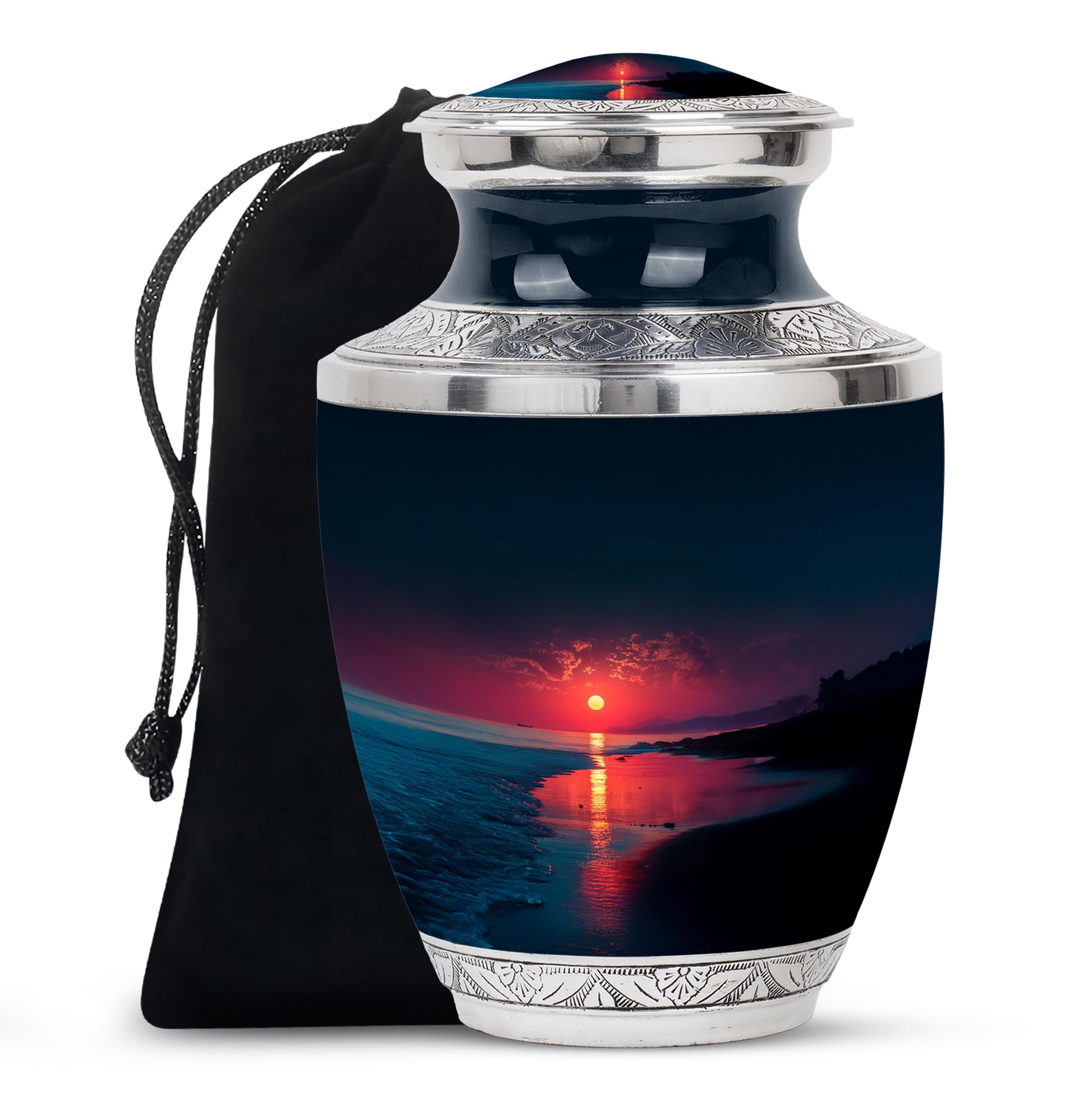 Misty Blue Beach Cremation Urn side profile showing urn shape - modern art-inspired beach motif on sleek aluminum - full-size 10 inch 200 cubic inch adult cremation urn