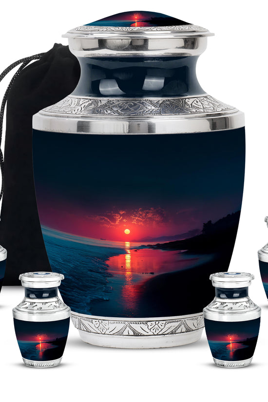 Indigo Beach Cremation Urn lifestyle display on memorial shelf - contemporary beach design with modern artistic flair - memorial set with one large and four small urns