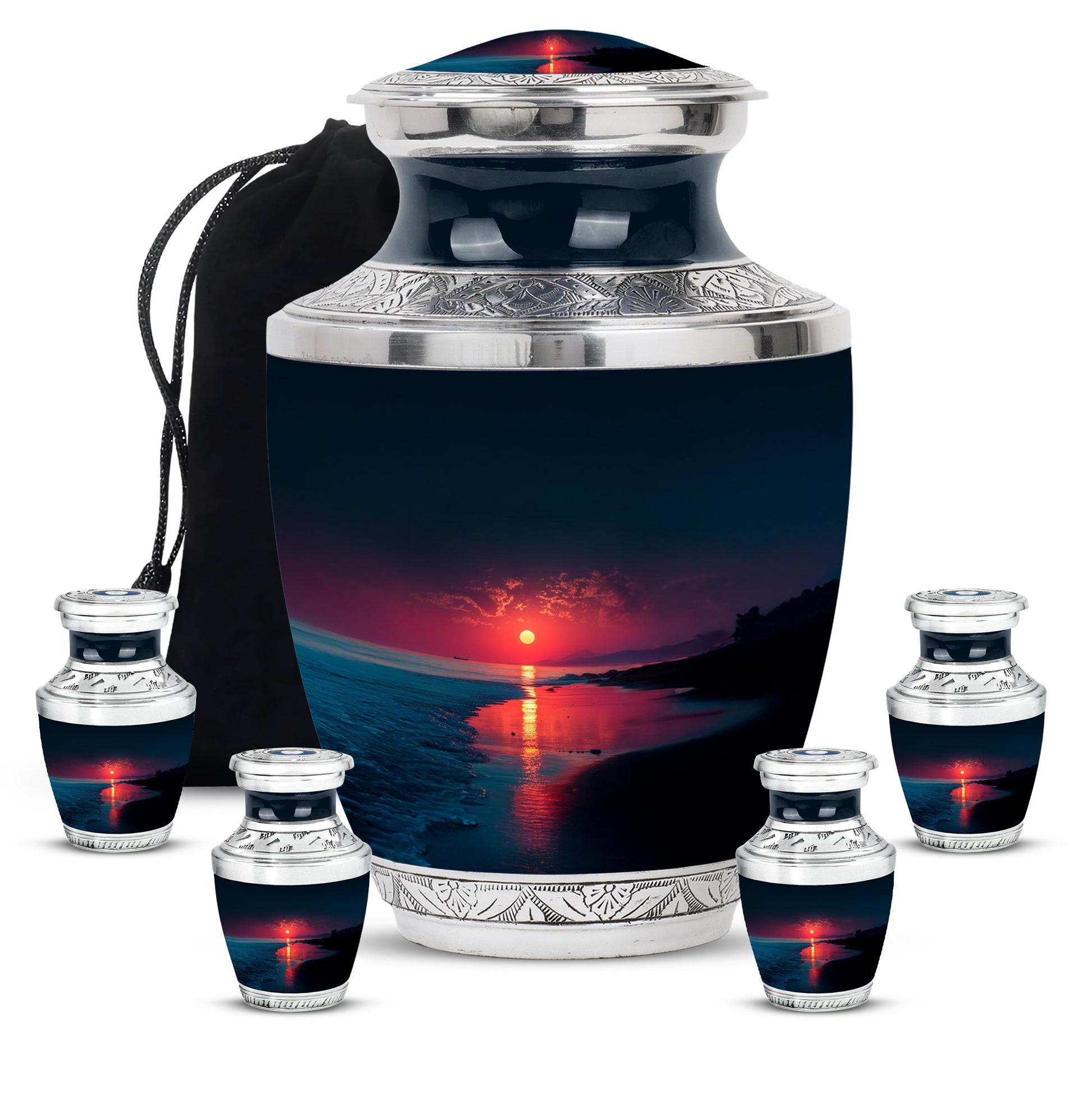 Indigo Beach Cremation Urn lifestyle display on memorial shelf - contemporary beach design with modern artistic flair - memorial set with one large and four small urns