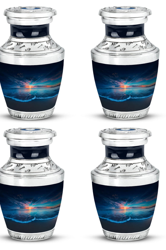 Sky Blue Beach Cremation Urn back view with polished surface - modern art-inspired beach motif on sleek aluminum - 10 inch aluminum urn for cremated remains