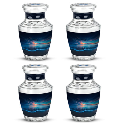 Sky Blue Beach Cremation Urn back view with polished surface - modern art-inspired beach motif on sleek aluminum - 10 inch aluminum urn for cremated remains