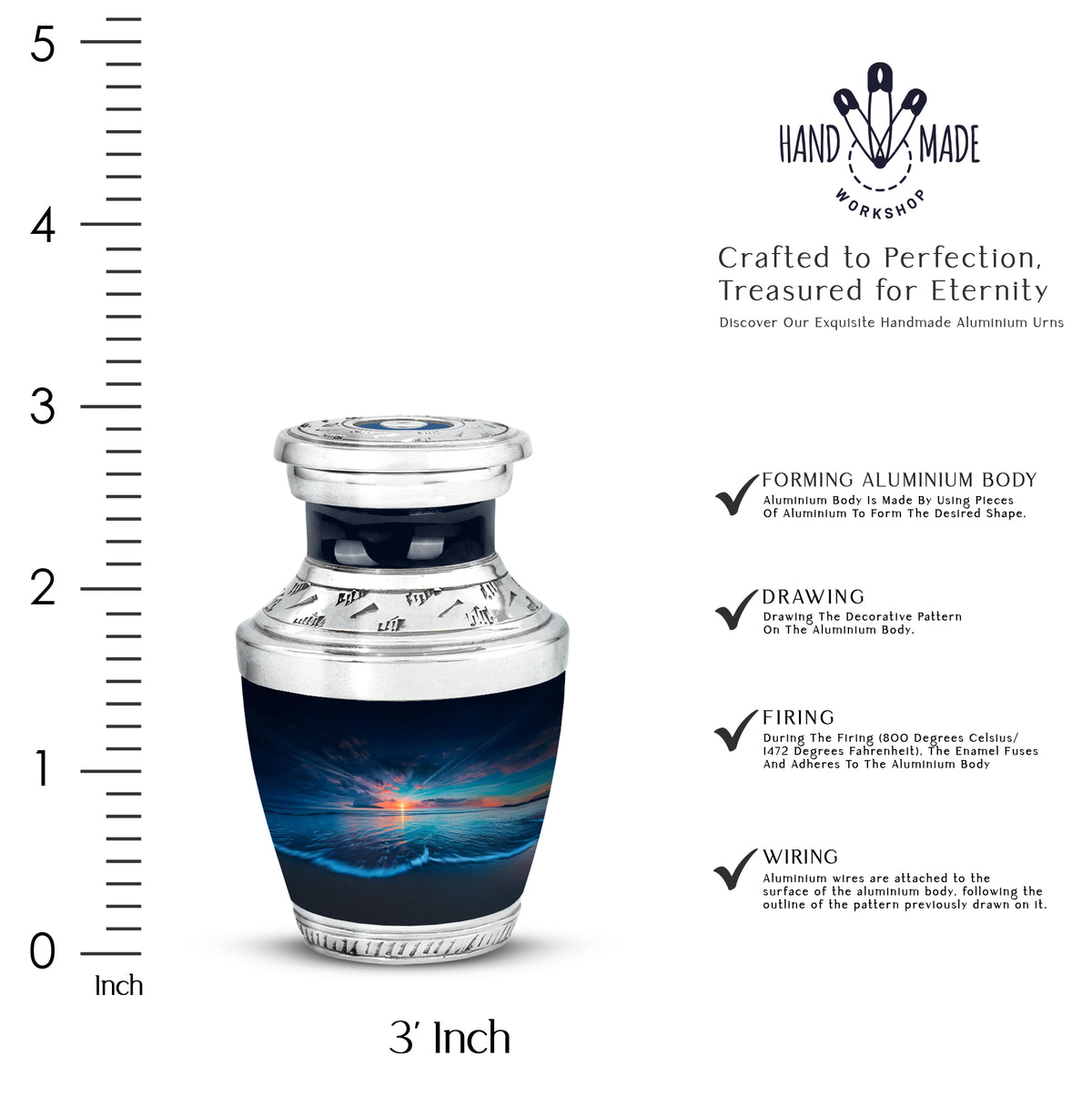 Dusty Blue Beach Cremation Urn top-down view of secure threaded lid - modern art-inspired beach motif on sleek aluminum - mini keepsake memorial for portion of cremation ashes