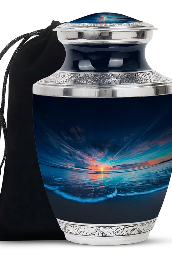 Powder Blue Beach Cremation Urn side profile showing urn shape - modern art-inspired beach motif on sleek aluminum - full-size 10 inch 200 cubic inch adult cremation urn