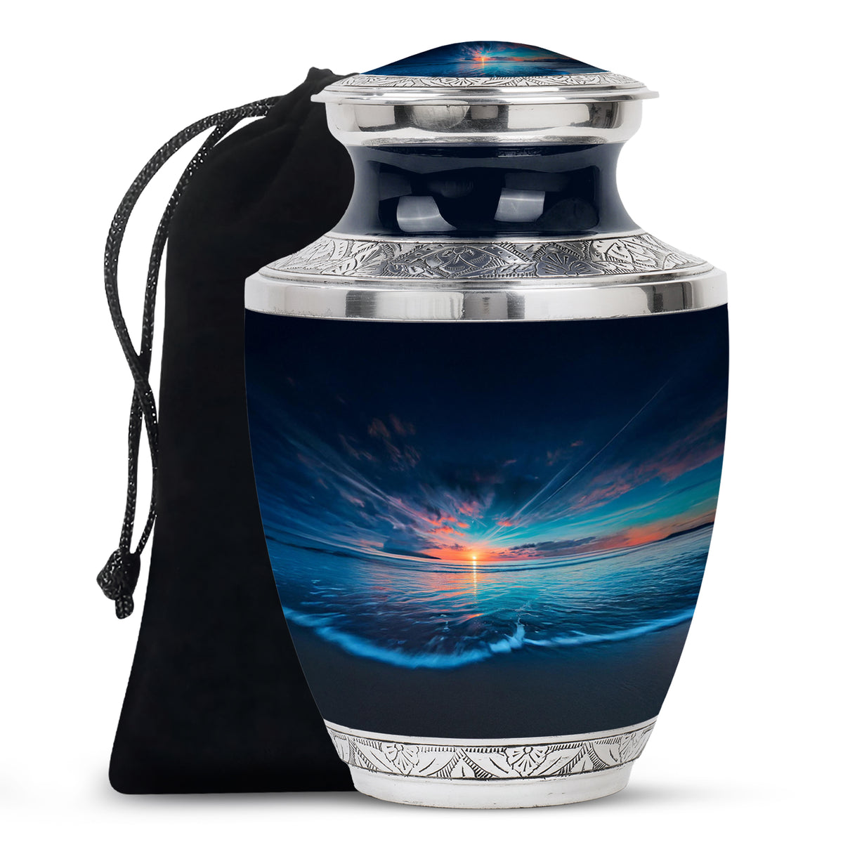 Powder Blue Beach Cremation Urn side profile showing urn shape - modern art-inspired beach motif on sleek aluminum - full-size 10 inch 200 cubic inch adult cremation urn