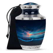 Powder Blue Beach Cremation Urn side profile showing urn shape - modern art-inspired beach motif on sleek aluminum - full-size 10 inch 200 cubic inch adult cremation urn