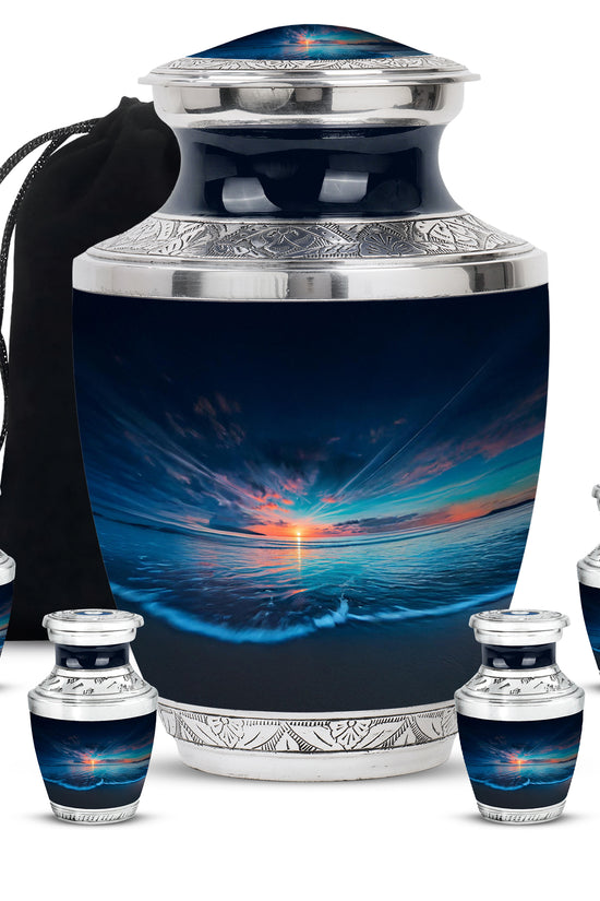Cobalt Blue Beach Cremation Urn lifestyle display on memorial shelf - artistic beach interpretation with creative detail - memorial set with one large and four small urns